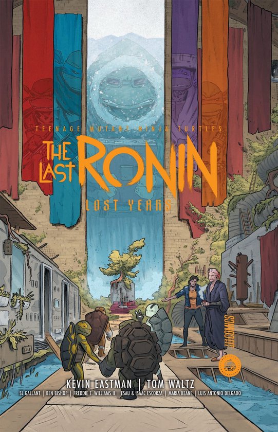 De cover van 'The Last Ronin: Lost Years' toont vier schildpadden met bivakmutsen voor een gebouw, met achter hen negen gekleurde banieren.