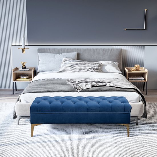 HOMCOM Luxe Fluweel Zitbank - Comfortabele Schoenenbank Met Gouden Poten, Blauw 118 X 45 X 42 Cm Voor Slaapkamer & Woonkamer