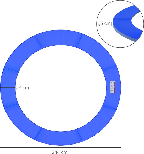 Afmetingen van een ronde trampoline rand: 244 cm breed, 28 cm binnenmaat en 1,5 cm dik.