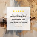 Een quote met 3 sterren over een abstract schilderij. 'De kleuren zijn prachtig, het is een echte blikvanger aan je muur!'