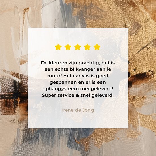 Een quote met 3 sterren over een abstract schilderij. 'De kleuren zijn prachtig, het is een echte blikvanger aan je muur!'