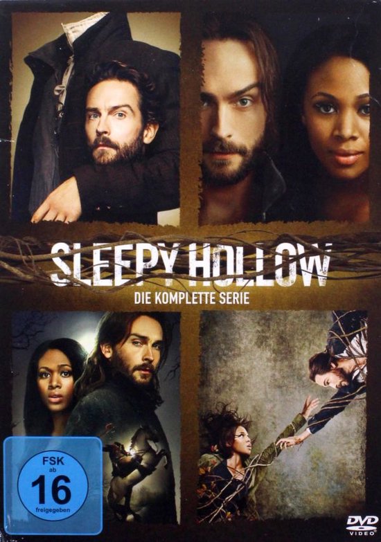 Een dvd-hoes met vier afbeeldingen van de serie 'Sleepy Hollow', met de acteurs Tom Mison en Nicole Beharie.