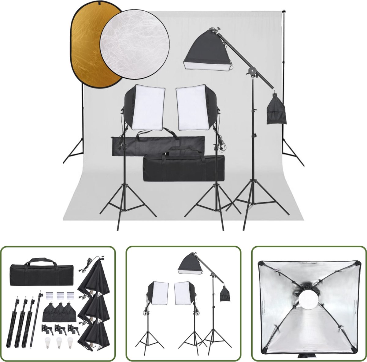 The Living Store Fotostudioset - 3x Fotolamp + 3x Softbox + 3x Statief - Achtergrond - Reflectoren - Draagtas