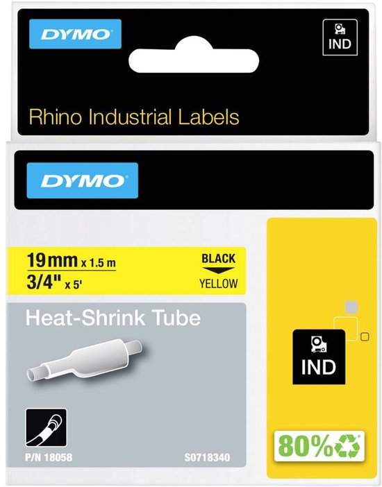 Verpakking DYMO Rhino Heat-Shrink Tube labels, 19 mm x 1,5 m, zwarte tekst op gele achtergrond.