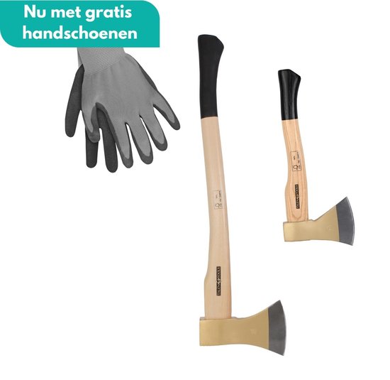 Grote en kleine bijl met gouden koppen en houten schachten, naast een paar gratis grijze tuinhandschoenen.