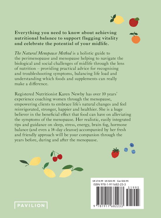 Boekomslag met tekst over de natuurlijke menopauze methode, met illustraties van fruit en bessen.