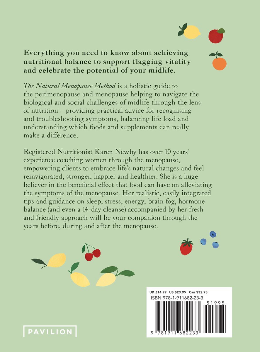Boekomslag met tekst over de natuurlijke menopauze methode, met illustraties van fruit en bessen.
