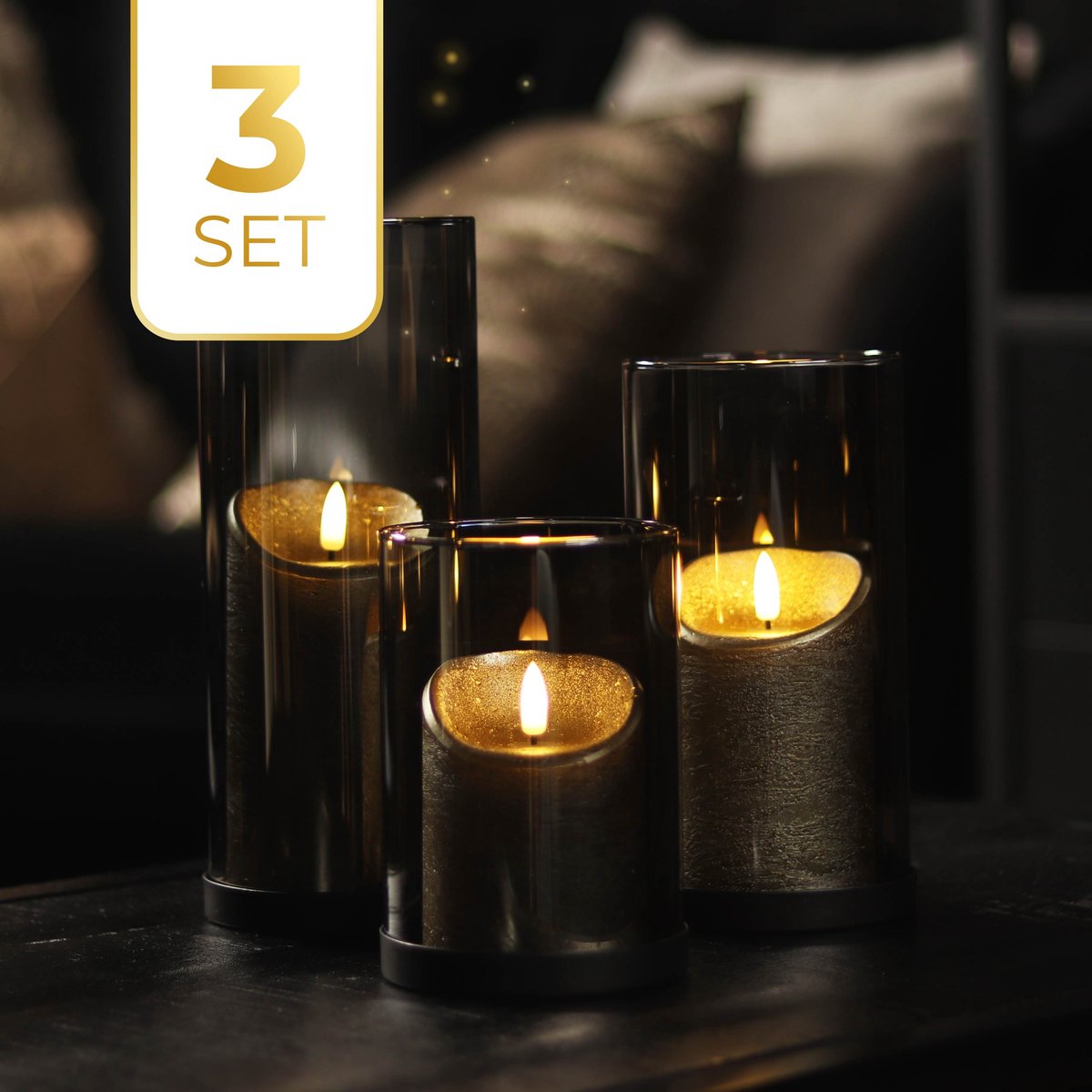 KENN® Industriële Kaarsenhouders - Set van 3 - Smoke/Grijs Glas - Zwarte Metalen Basis - Windlichthouders - Kandelaars voor Stompkaarsen - Kaarshouders - Luxe Uitstraling - Voor Binnen & Buiten - Voor LED Kaarsen & Echte Kaarsen - Waxinelichthouders