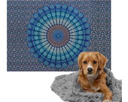 Ulticool – Zachte Fleece Deken - 100x150 cm – Mandala Blauw - Dubbelzijdige Plaid voor Huisdier - Versiering voor huiskamer - Accessoire op de bank - Achterbank Auto - Kofferbak – Warme Grijze Warmtedeken voor Kat Poes Hond Hondenmand