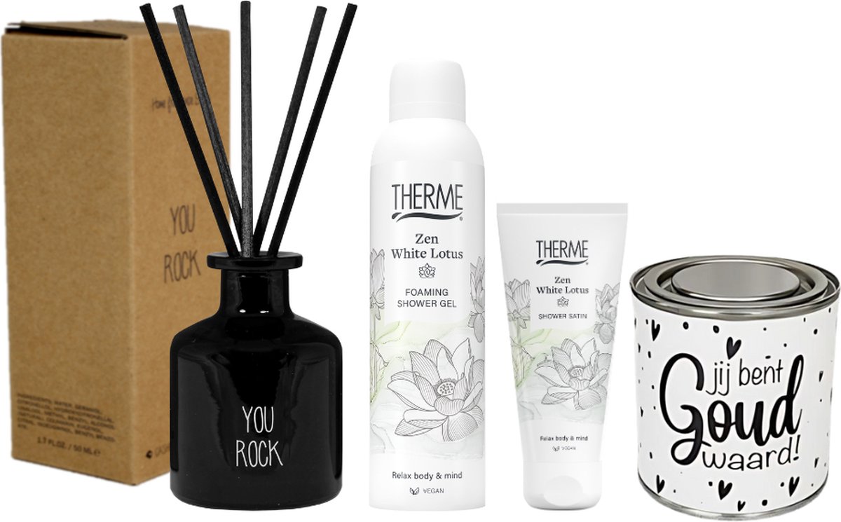 Goedkoopste My Flame Cadeauset You Rock Geurstokjes & Therme Zen White Lotus - MyFlame Geurstokjes You Rock - Therme Shower Satin Zen White Lotus - Therme Shower Foam Zen White Lotus
