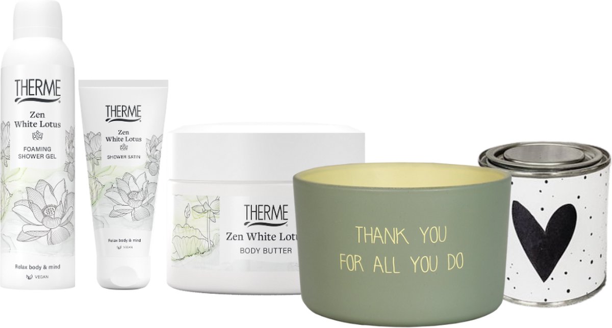 Goedkoopste Therme Cadeauset Zen White Lotus Douche & Body Bedankt - Therme Zen White Lotus Shower Foam - Therme Zen White Lotus Body Butter - MyFlame Kaars Thank You For All You Do