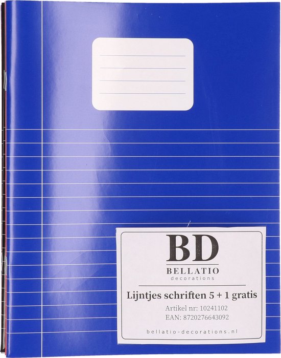 Blauw schrift met lijntjes, wit label en informatie over 'Lijntjes schriften 5+1 gratis'.