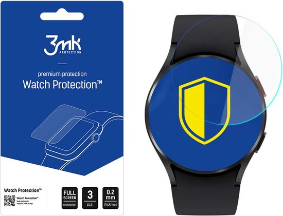 Zwarte smartwatch met blauw scherm met een geel logo, met een screenprotector die erop ligt.