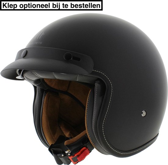 Matzwarte helm met opklapbaar vizier en losse klep, bruine voering en witte stiksels.