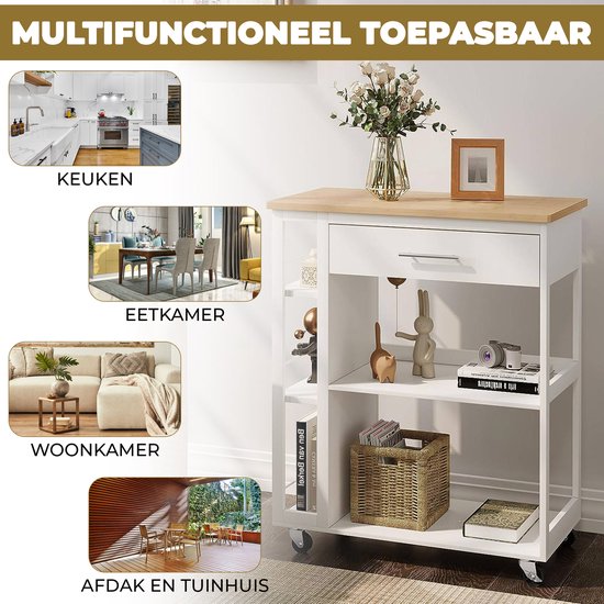 BukkitBow - Desserte de Cuisine avec plan de travail - Desserte de cuisine sur roulettes - Avec tiroir et Planches ouvertes - Avec frein pour les roulettes - Armoire d'épicerie mobile / Support de rangement