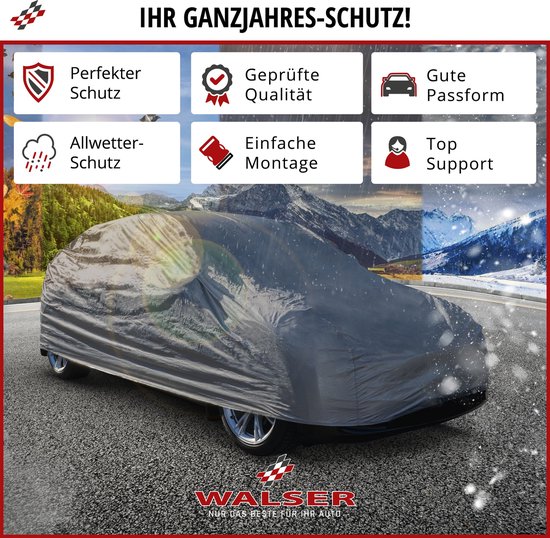 Walser autohoes omhult een witte auto, illustreert bescherming tegen alle weersomstandigheden.
