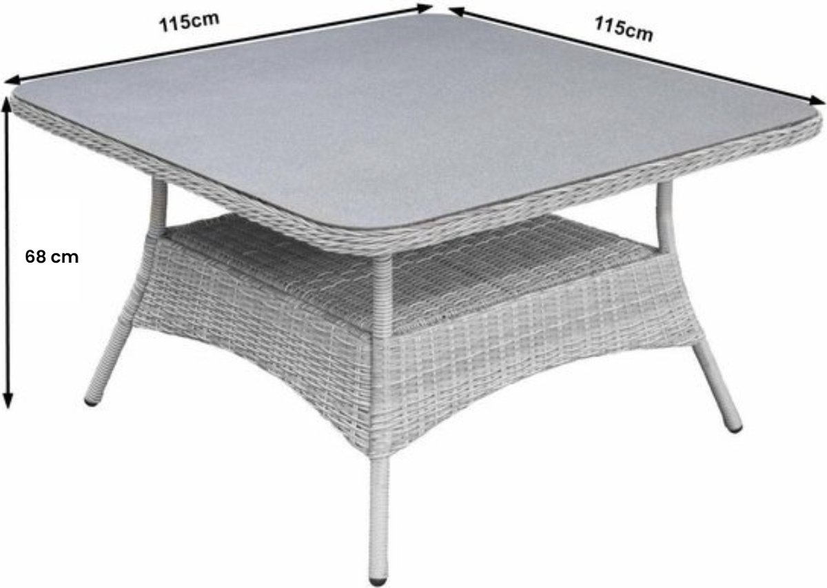 Vierkante tuinset met 4 Dublin tuinstoelen en 115x115cm tuintafel in MG.