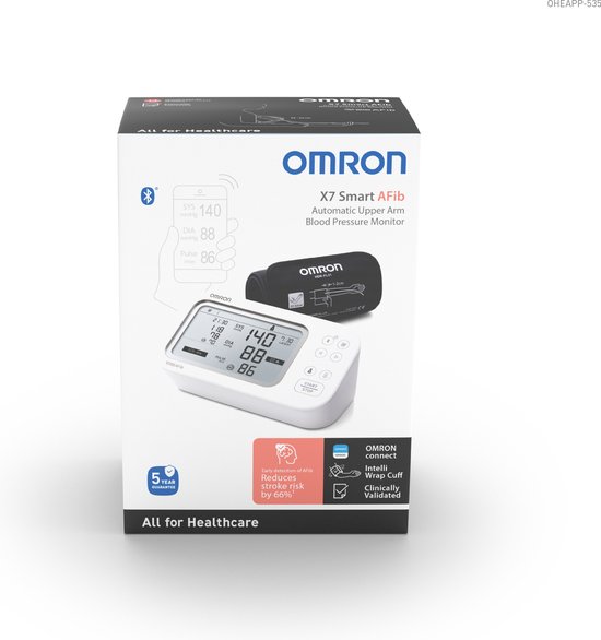 OMRON X7 Smart AFib Bloeddrukmeter voor bovenarm | Check voor AFib bij elke bloeddrukcontrole | Klinisch gevalideerd, inclusief zwangerschap en diabetes | 2 gebruikers | Intelli Wrap Manchet 22-42cm