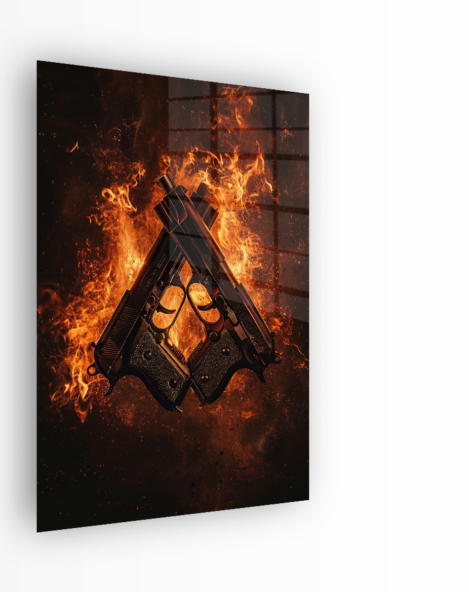Indoorart Glasschilderij Crossed Handguns 60x90 CM - Afbeelding op plexiglas - Inclusief montagemateriaal geel, zwart, rood