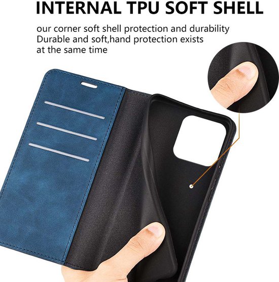Binnenkant van een blauw telefoonhoesje met vakken voor pasjes, met tekst 'INTERNAL TPU SOFT SHELL'.