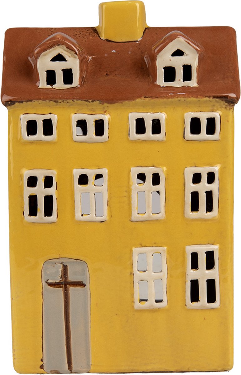 Clayre & Eef Waxinelichthouder Huis 12x8x18 cm Geel Bruin Keramiek