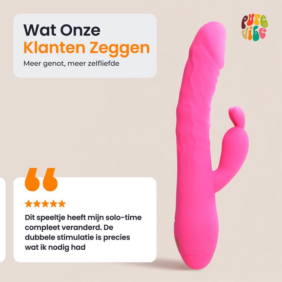 Roze vibrator naast een citaat van een klant die de dubbele stimulatie van het speeltje prijst.