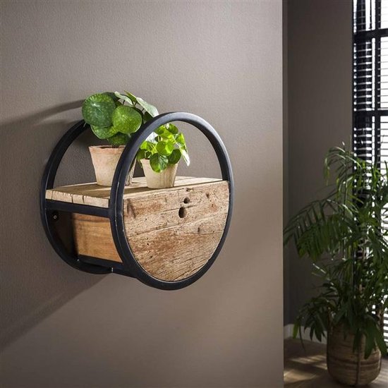 Muurplank Rond PS-Collection Circular Wandplank met Lade - Ø40x25cm - Bruin - Hout ...