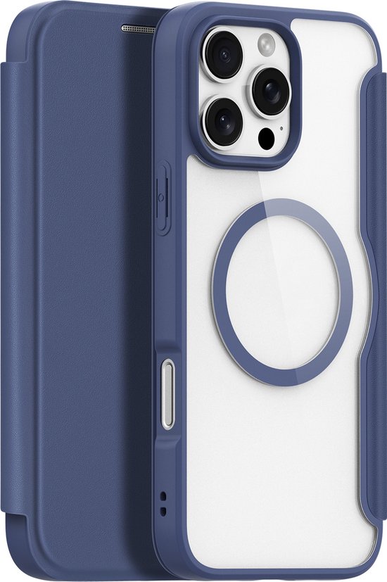 Étui de téléphone bleu avec MagSafe, dos transparent et bordure bleue.
