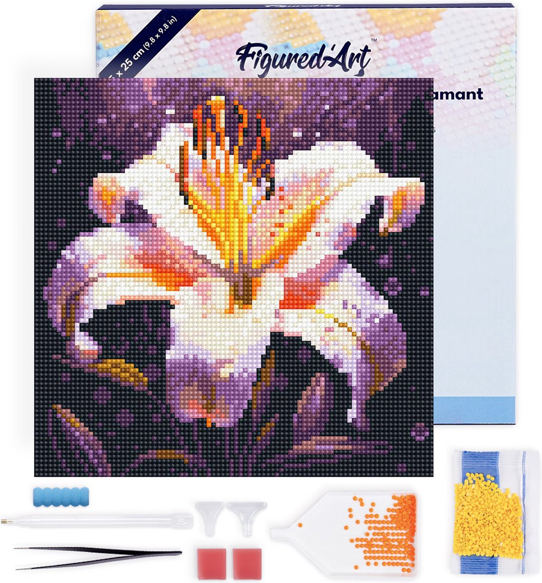 Figured'Art Mini Diamond Painting set Volwassenen 25x25 cm met lijst Lelie Bloesem - 5D DIY Art full drill ronde diamant - Canvas al ingelijst