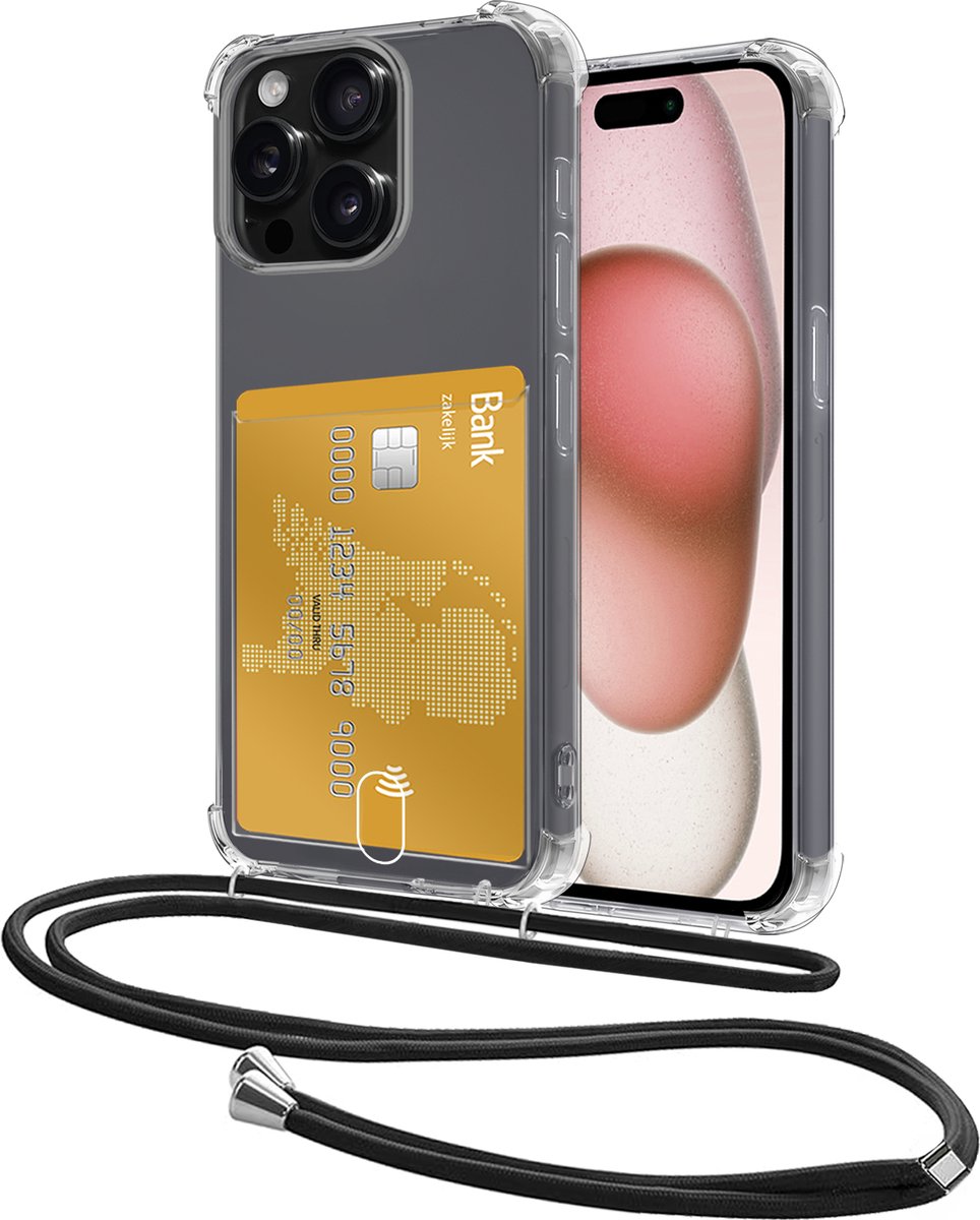 Hoes Geschikt voor iPhone 14 Pro Hoesje Pasjeshouder Cover Met Koord Shock Proof Case Siliconen Hoes Met Telefoonkoord en Kaarthouder - Transparant