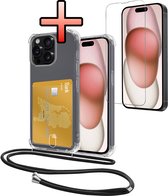 Hoes Geschikt voor Apple iPhone 15 Pro Hoesje Pasjeshouder Cover Met Koord Shock Proof Case Siliconen Hoes Met Telefoonkoord en Kaarthouder Met Screenprotector - Transparant