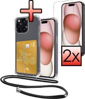 Hoes Geschikt voor iPhone 11 Pro Max Hoesje Pasjeshouder Cover Met Koord Shock Proof Case Siliconen Hoes Met Telefoonkoord en Kaarthouder Met 2x Screenprotector - Transparant
