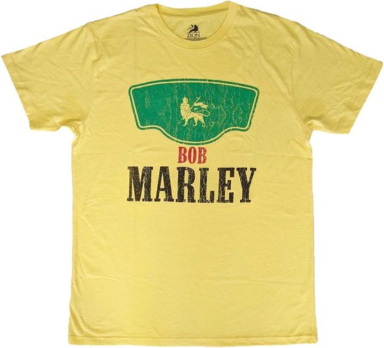 Geel T-shirt met Bob Marley logo op de borst in groen en rood.