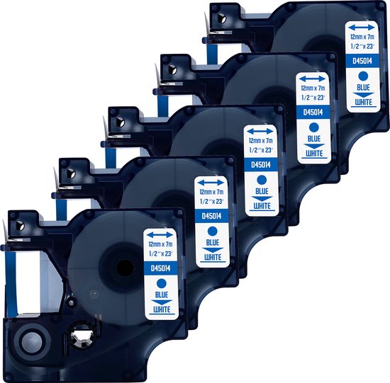 Vijf cassettes met blauwe DULA D1 labeltape (12mm x 7m) opgestapeld.