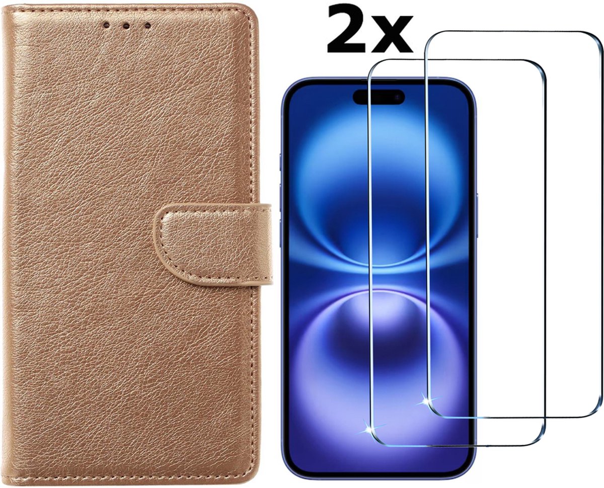 Hoesje Geschikt voor iPhone 16 hoesje bookcase met 2 stuks screenprotectors – Goud