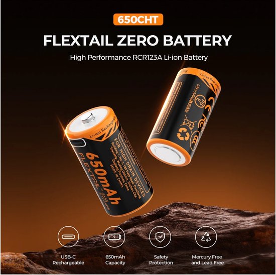 FLEXTAIL ZERO BATTERIJ 650MAh - Hoogwaardige oplaadbare RCR123A Li-ionbatterij compatibel met ZERO PUMP mini van Flex — afbeelding 5