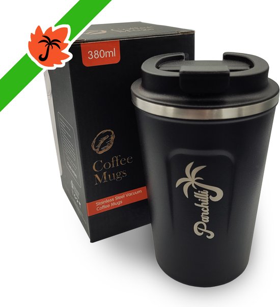 Foto: Parchilli thermosbeker rvs koffiebeker to go 380ml koffiemok zwart thee travel mug werk auto