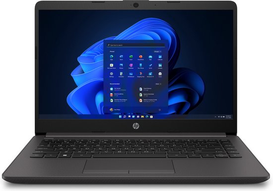 Open, donkergrijze HP laptop met Windows 11 op het scherm, met het HP logo op de achterkant.