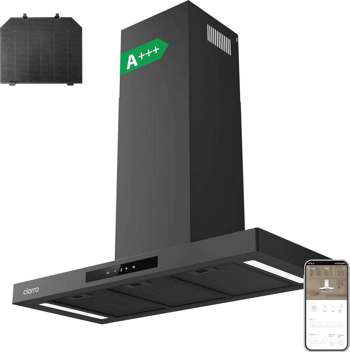 Afzuigkap 90cm A+++ Recirculatie Afzuigkap 650m³/h Wi-Fi Touchbediening Zwart