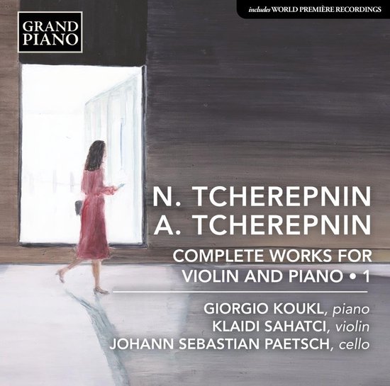 CD-hoes met een vrouw in een rode jurk die voor een open deur loopt. Tekst: Complete works for violin and piano.