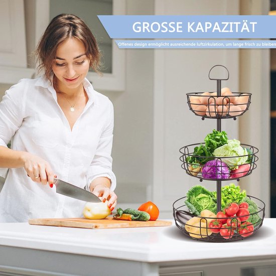 Sorbus 3-tier Wire Market Basket Opbergstandaard voor fruit, groenten, toiletartikelen, huishoudelijke artikelen, stijlvolle gelaagde serveermanden voor keuken, badkamerorganisatie (3 niveau