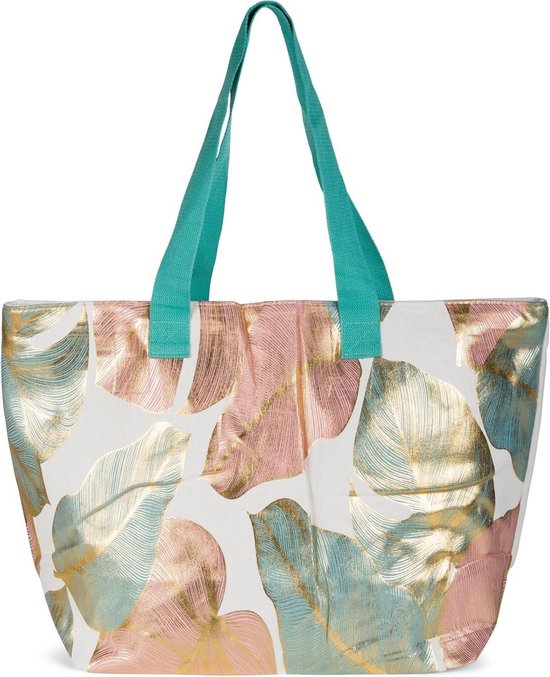 Sac de plage femme avec imprimé feuilles de palmier fermeture éclair métallique XXL sac à bandoulière Shopper 02012390 - Rose Petrol - Taille unique - sac d'été tendance sac de plage avec fermeture éclair xl