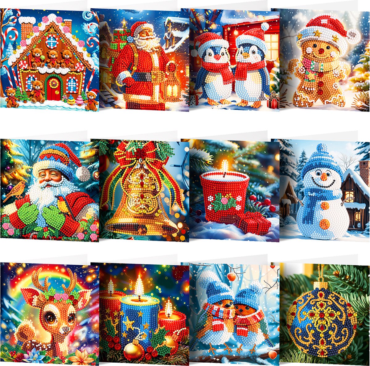 Adorzy Diamond Painting Kerstkaarten – 12 stuks - 15x15 cm - Diamond Painting pakket volledig – Diamond Painting Volwassenen