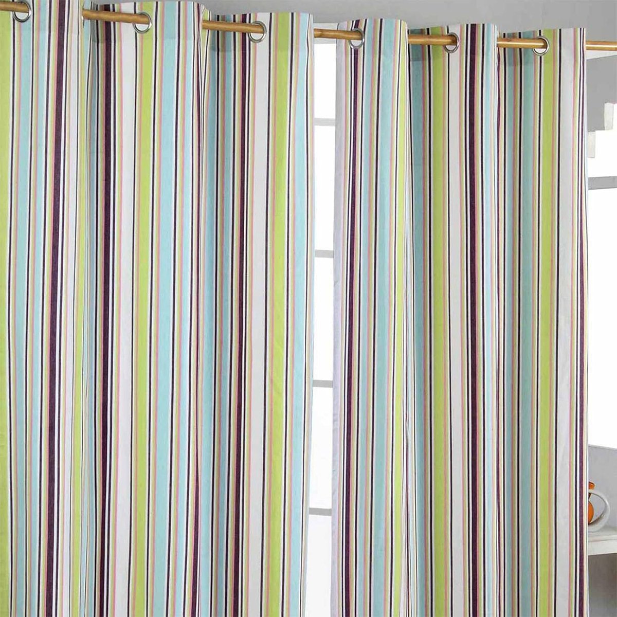 Homescapes gordijnen met oogjes Osaka strepen set van 2 100% katoen, 182 x 137 cm Paars/Groen