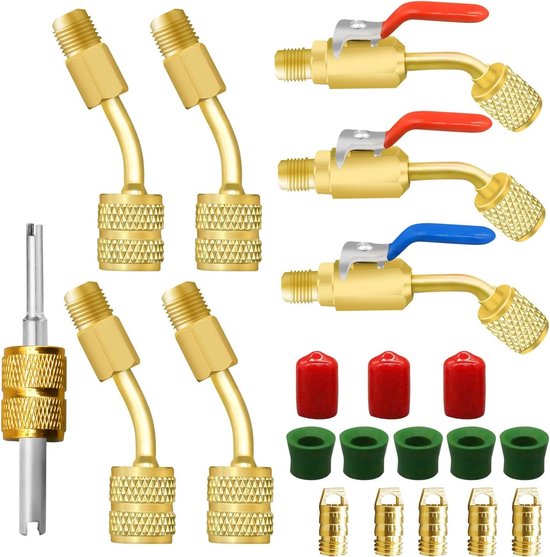 Foto: 21 delige kleine split adapterset r410a adapter voor r410a koelmiddel r410a r134a r12 r22 schuine kogelkraan voor ac koelmiddel