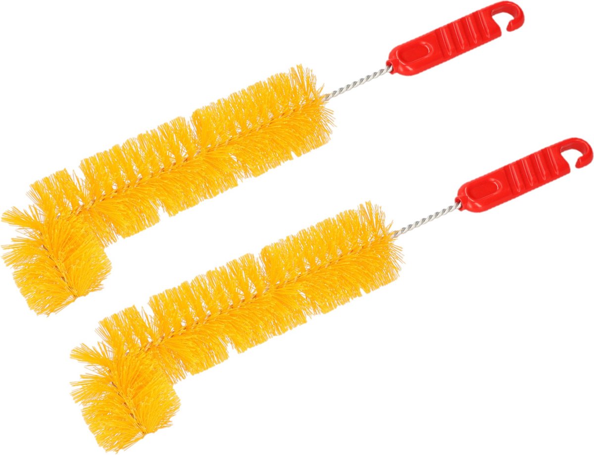 Goedkoopste Set van 2x stuks kunststof radiatorborstels/verwarmingsborstels oranje/rood L-vorm 36 cm - Schoonmaakborstels/rager verwarming