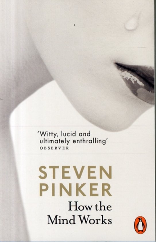 Boek 'How the Mind Works' van Steven Pinker. Cover met close-up van een gezicht en tekst.