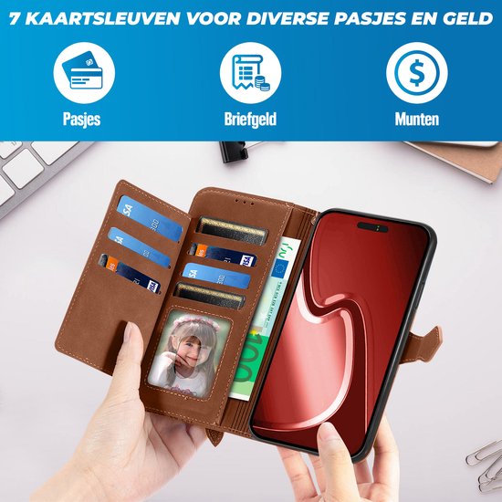 Main ouvrant un étui de type livre marron avec 7 porte-cartes, cartes, billets et pièces. Montre le téléphone. Texte : "7 fentes pour diverses cartes et argent. Cartes. Argent liquide. Pièces."