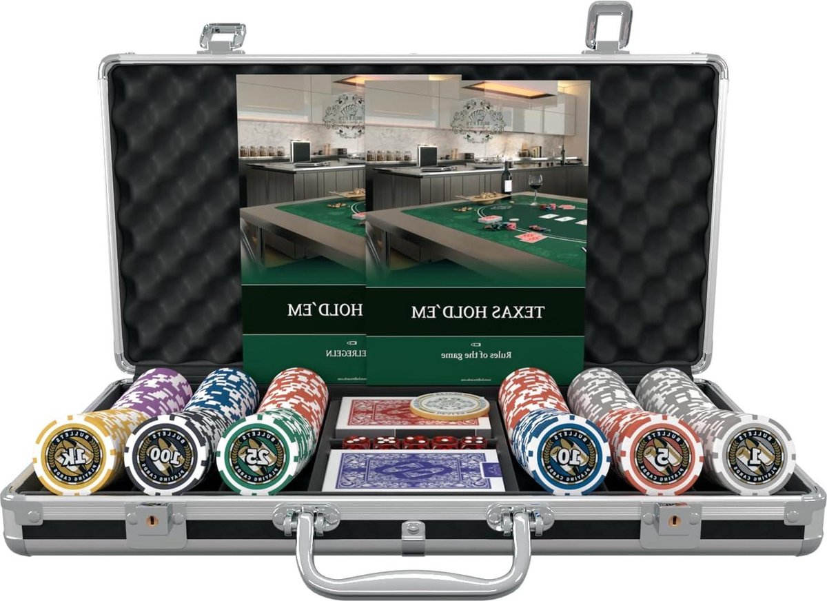 Pokerkoffer met 300 plastic pokerchips incl. keramische dealerbutton en dubbele pokerkaarten Pokerset