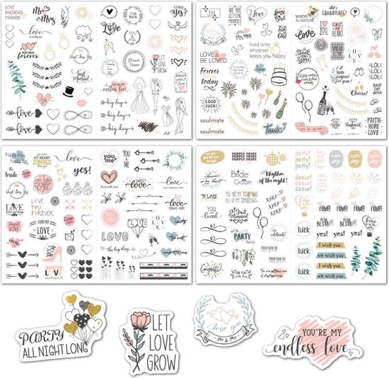 Vellen met transparante trouwstickers: harten, ringen, 'love', 'just married', bruidsparen, bloemen.